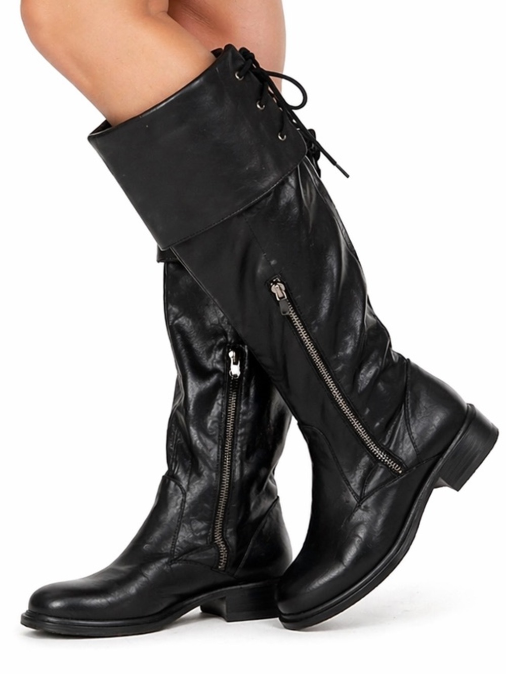 Vince Camuto Black Leather Over-the-Knee Lace-Up Zip Boots